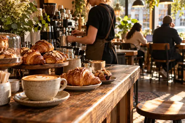 Einladende Café-Theke mit Kaffee und Gebäck in warmem Tageslicht.