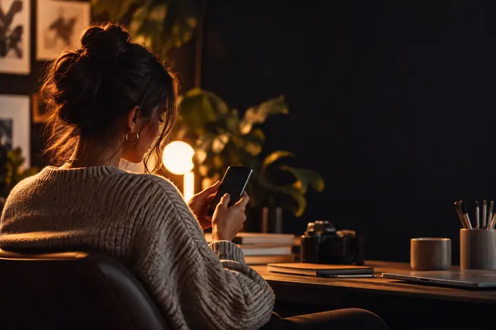 Eine zeitgemäß gekleidete kreative Person in einem warm beleuchteten Studio, die ein Smartphone vor einem dunklen, filmischen Hintergrund hält, mit viel Platz für weißen Überschriftentext.