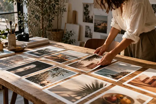 Kunstvoll arrangierte Sammlung von Fotoabzügen in einem minimalistischen Kreativstudio.