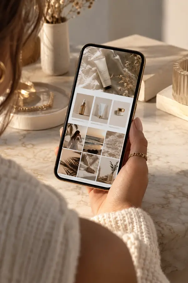 Realistische Smartphone-Vorschau einer sorgfältig gestalteten linkinbio-Seite einer Beauty-Marke mit Produktkarten und einem visuellen Inhaltsraster vor einem dezenten, neutralen Hintergrund.