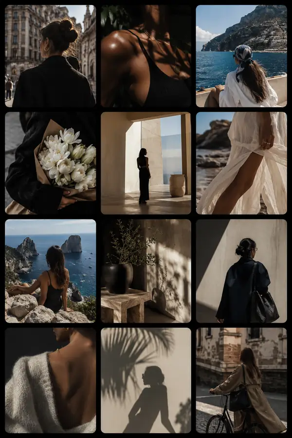 Redaktionelles Smartphone-Foto einer Creator-Seite im Magazinstil mit einem Raster eindrucksvoller Kultur- und Modegeschichten vor schwarzem Hintergrund.