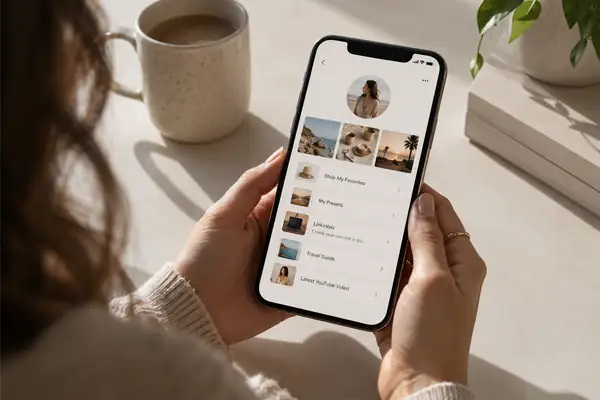Realistische Smartphone-Ansicht mit einem modernen Creator-Profil und einem deutlich sichtbaren Link zu einer Produktseite, fotografiert vor einem hellen Hintergrund.